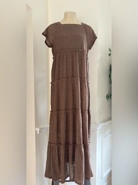 Listicle Brown Tiered Maxi Dress with Square Neck